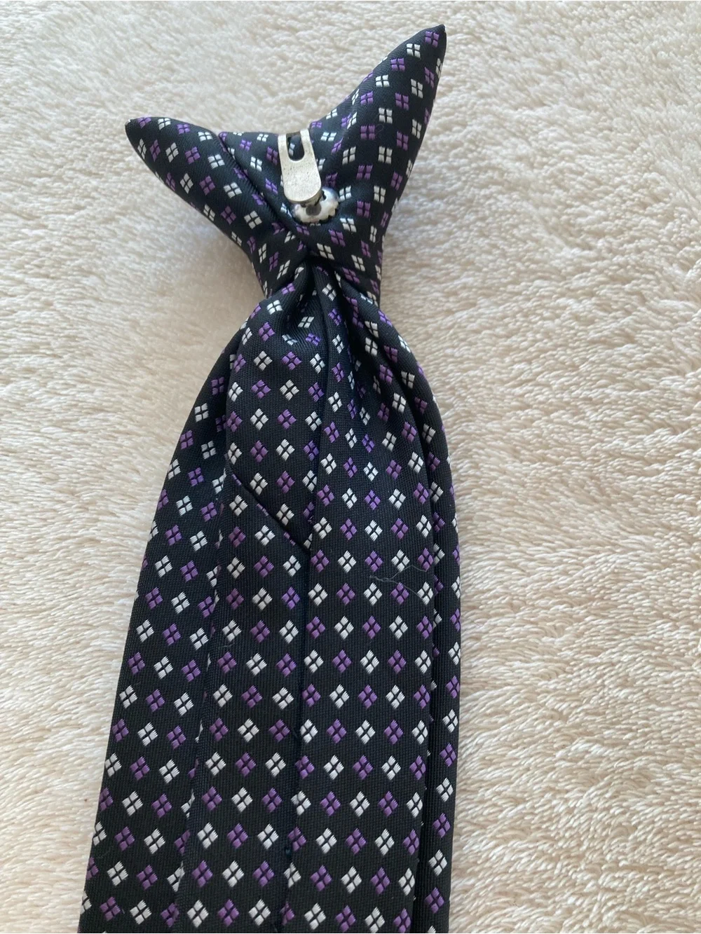 Classic Boys Navy Clip-On Tie with Purple Dot Pattern